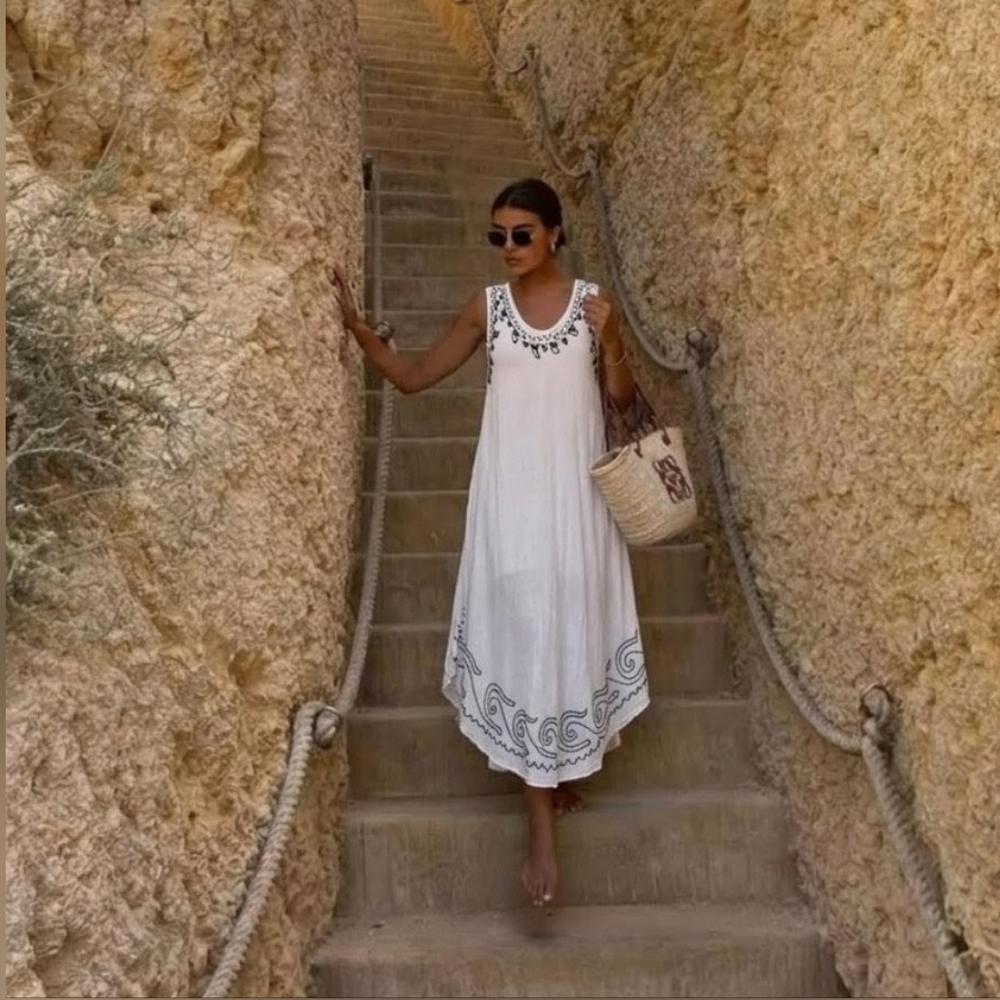 White Embroidered Sleeveless Summer Dress Swim Cover-Up OS